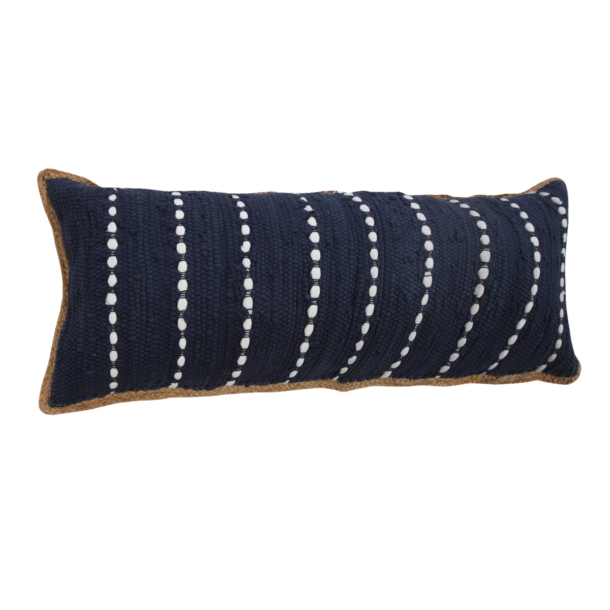 Navy Blue White Striped Jute Lumbar Throw Pillow Y74611