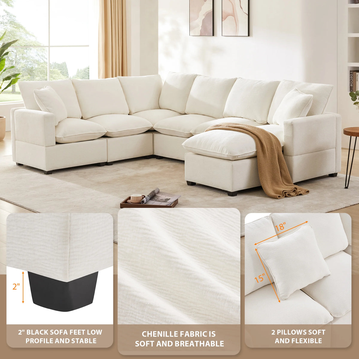 110" 7 Seat Chenille Modular Sectional Sofa Set with 2 Pillows U576157