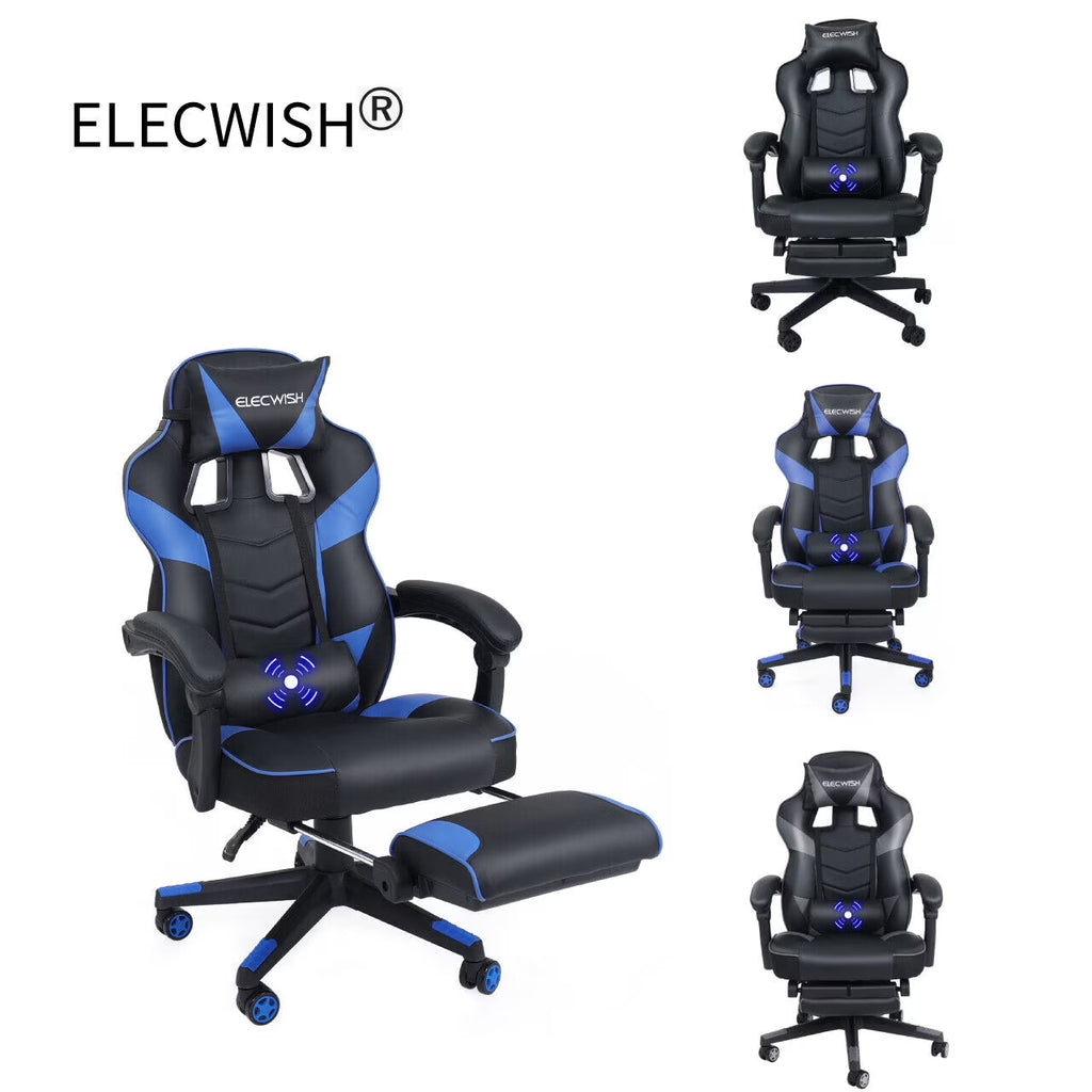 Blue PU Leather Reclining Gaming Chair with Footrest and Massage Lumbar Pillow M7495