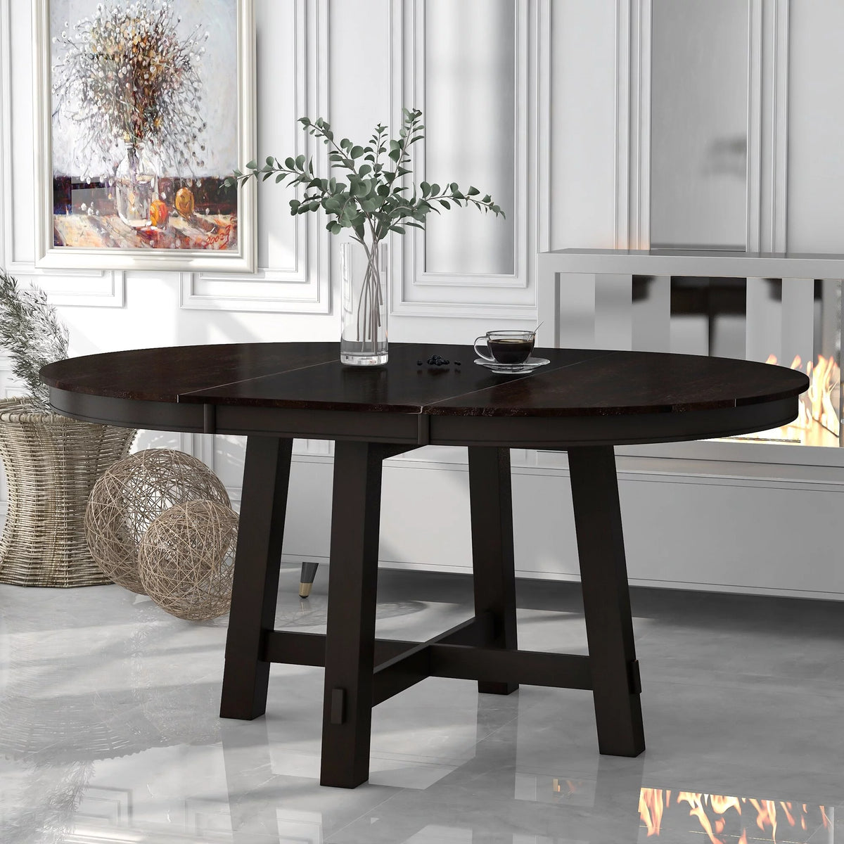 Round Wood Extendable Dining Table with 16" Leaf E4731