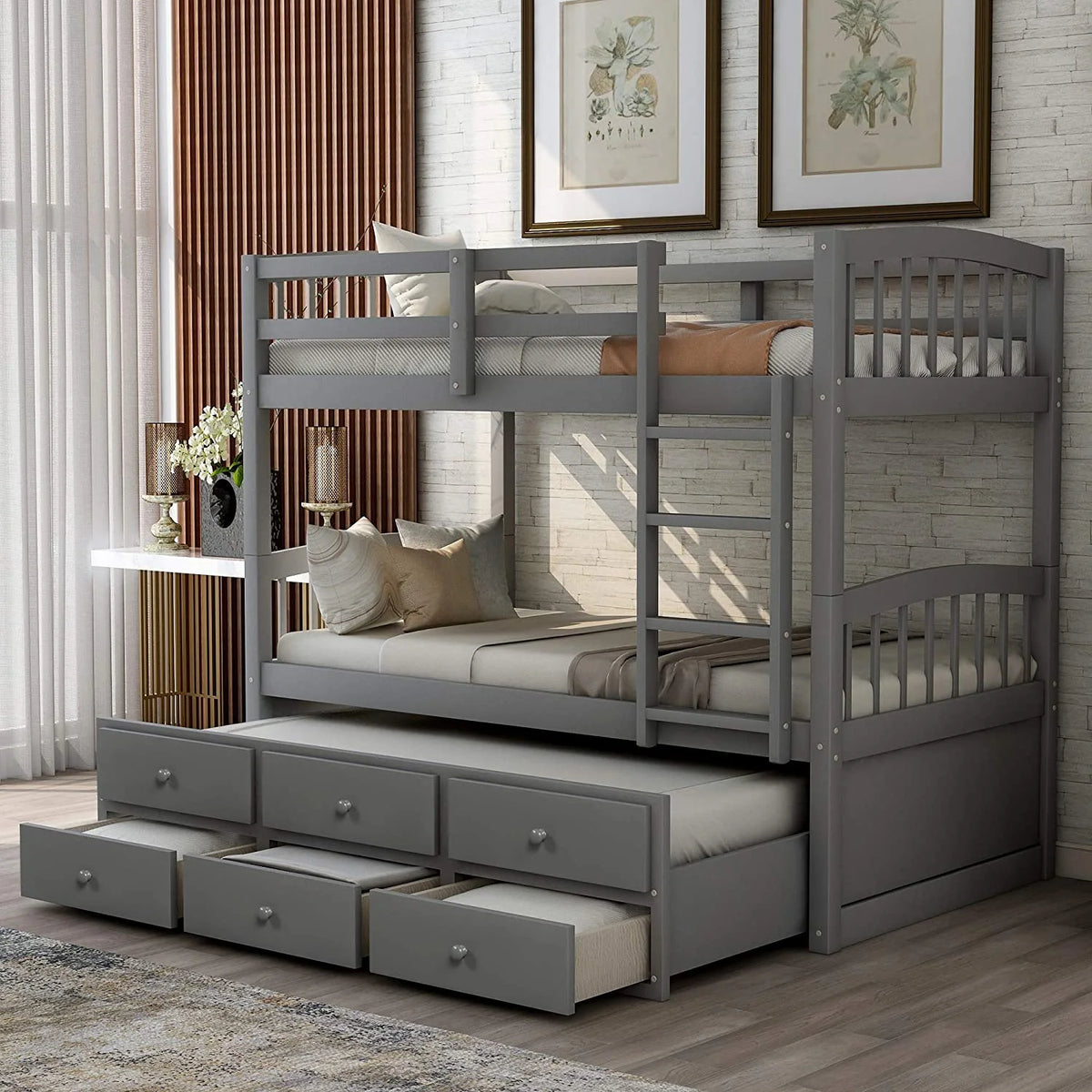 Wood Bunk Bed with Ladder Storage Drawers Safety Rail Trundle Gray G541511