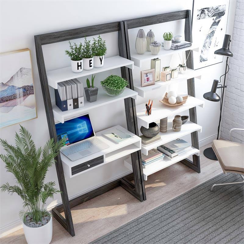 Gray and White Wood 2-Piece Desk and Bookcase Set J51267