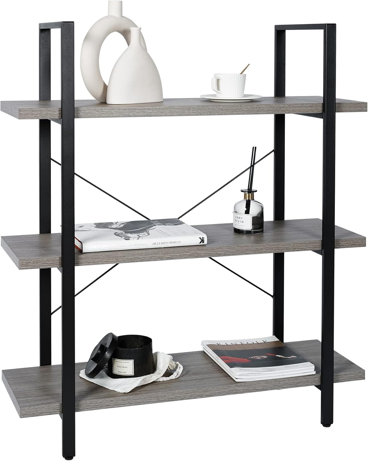 Mid Century Industrial 5-Tier Wood Metal Bookshelf J400900