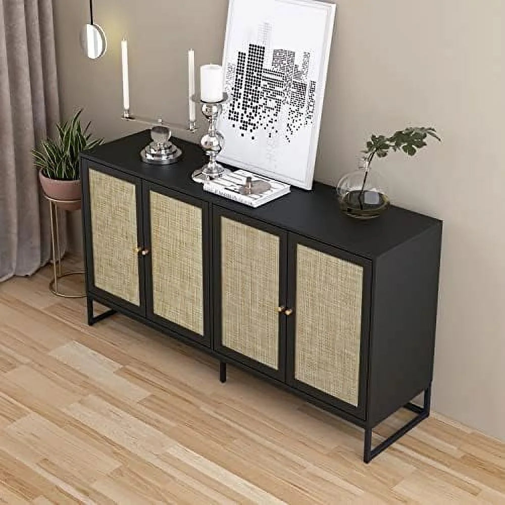 Black Rattan Sideboard Cabinet with Adjustable Shelves T96538