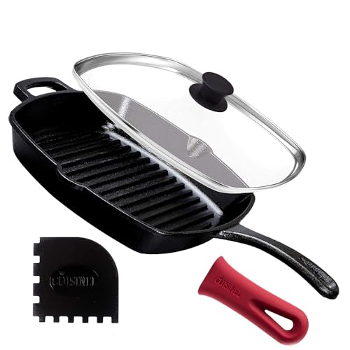 10.5" Pre-Seasoned Cast Iron Square Grill Pan with Glass Lid Y53356