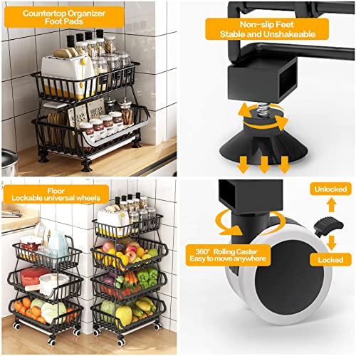 Black Metal Wire 4 Tier Stackable Fruit Vegetable Storage Cart with Wheels N486