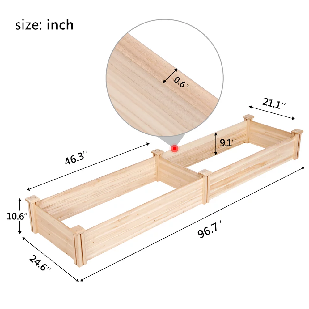 Wooden Raised Garden Bed, 96.7 x 24.6 x 10.6inch, Natural Wood H639