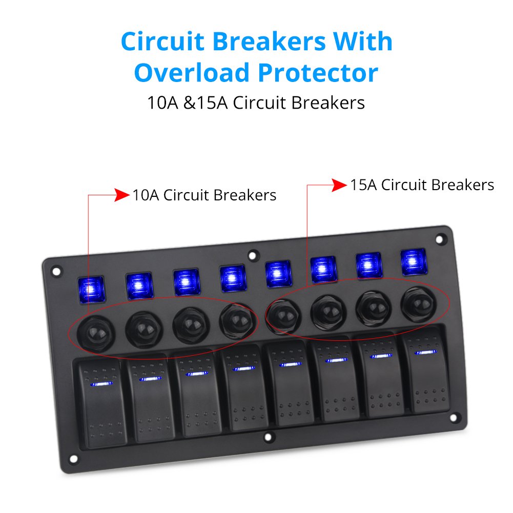 Blue 8 Gang Waterproof Toggle Rocker Switch Panel 12V/24V LED Circuit Breaker Pack of 2 S22436