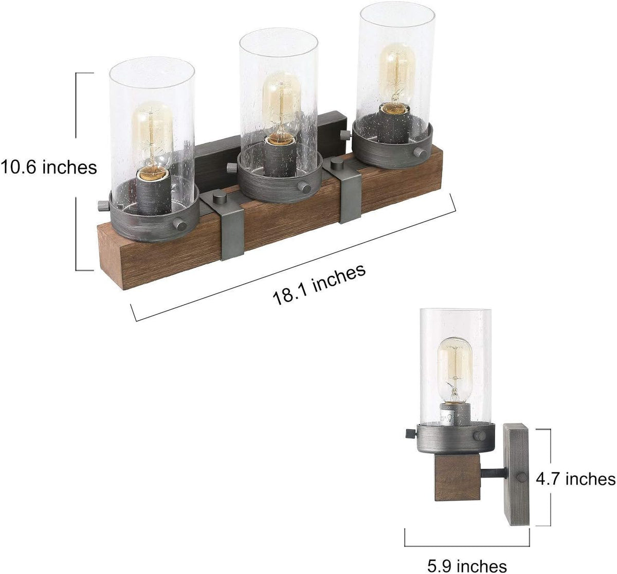Farmhouse Rustic Bathroom Vanity Light, Wall Light Fixture 3 Lights in Wood and Cylindrical Bubbled Glass J350