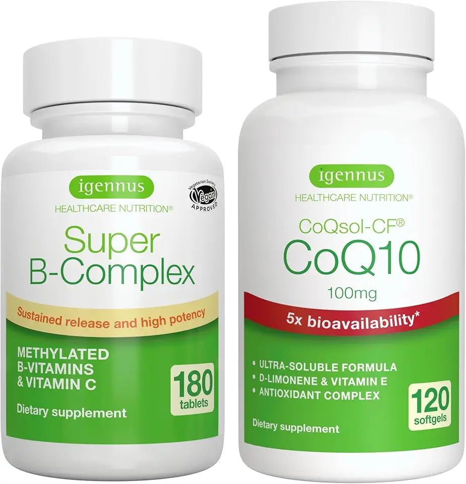 180 Tablets B-Complex + 100mg CoQ10 120 Softgels Bundle A2422