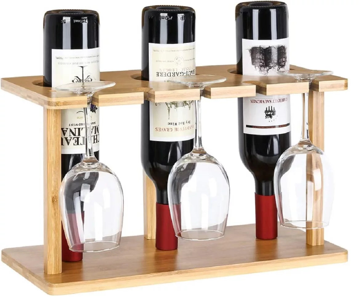Bamboo Wine Rack Holds 3 Bottles & 3 Glasses R842