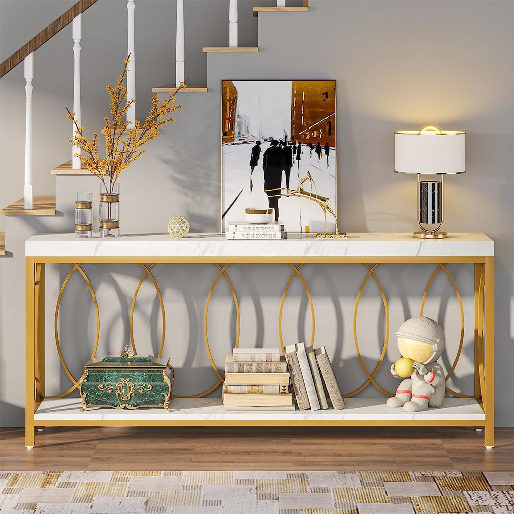 White Gold 2-Tier Faux Marble Console Table R892686