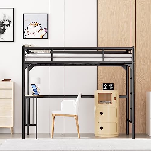 Black Metal Loft Bed Twin Size with Desk and Ladder K1381
