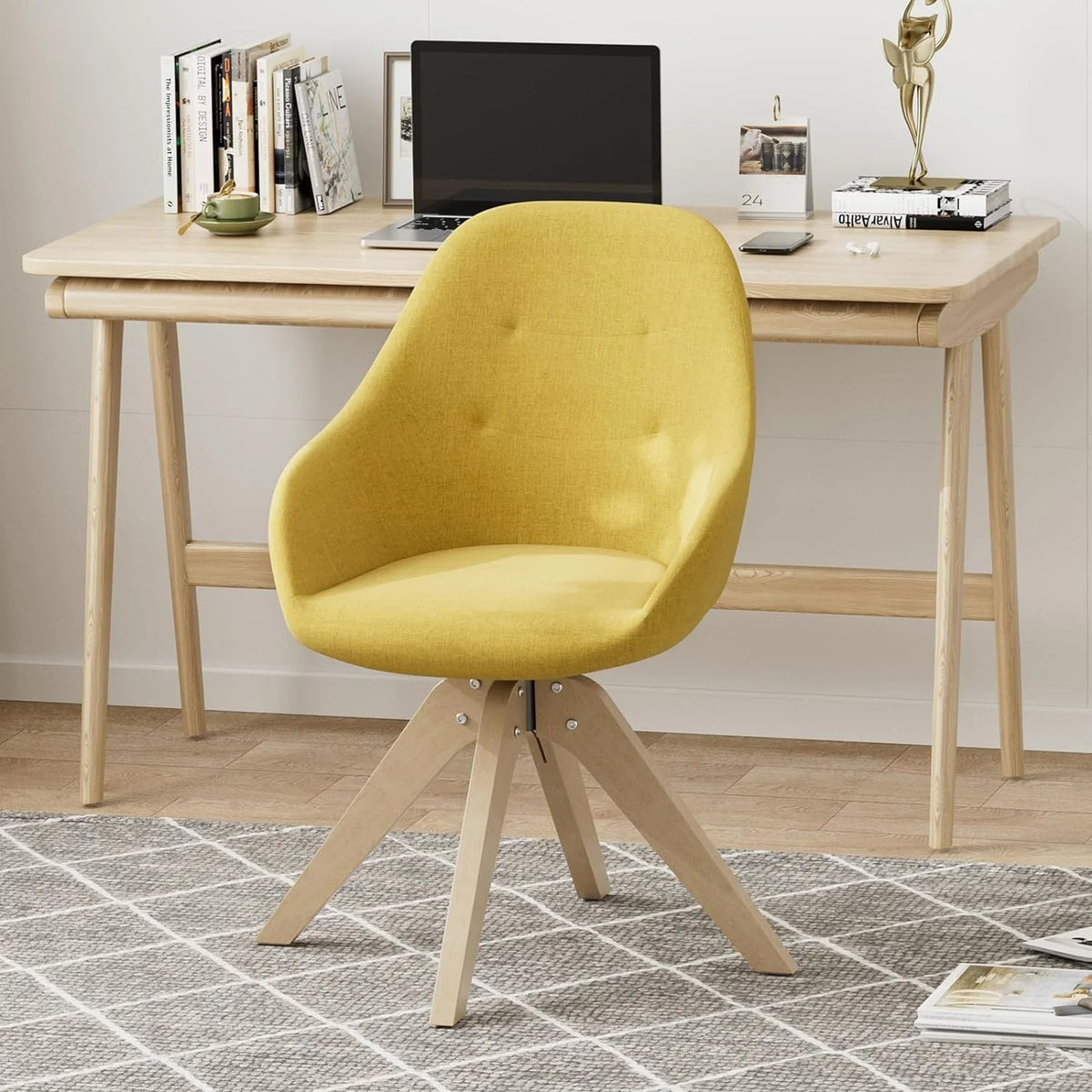 Yellow Upholstered Swivel Accent Chair with Solid Wood Legs I2840
