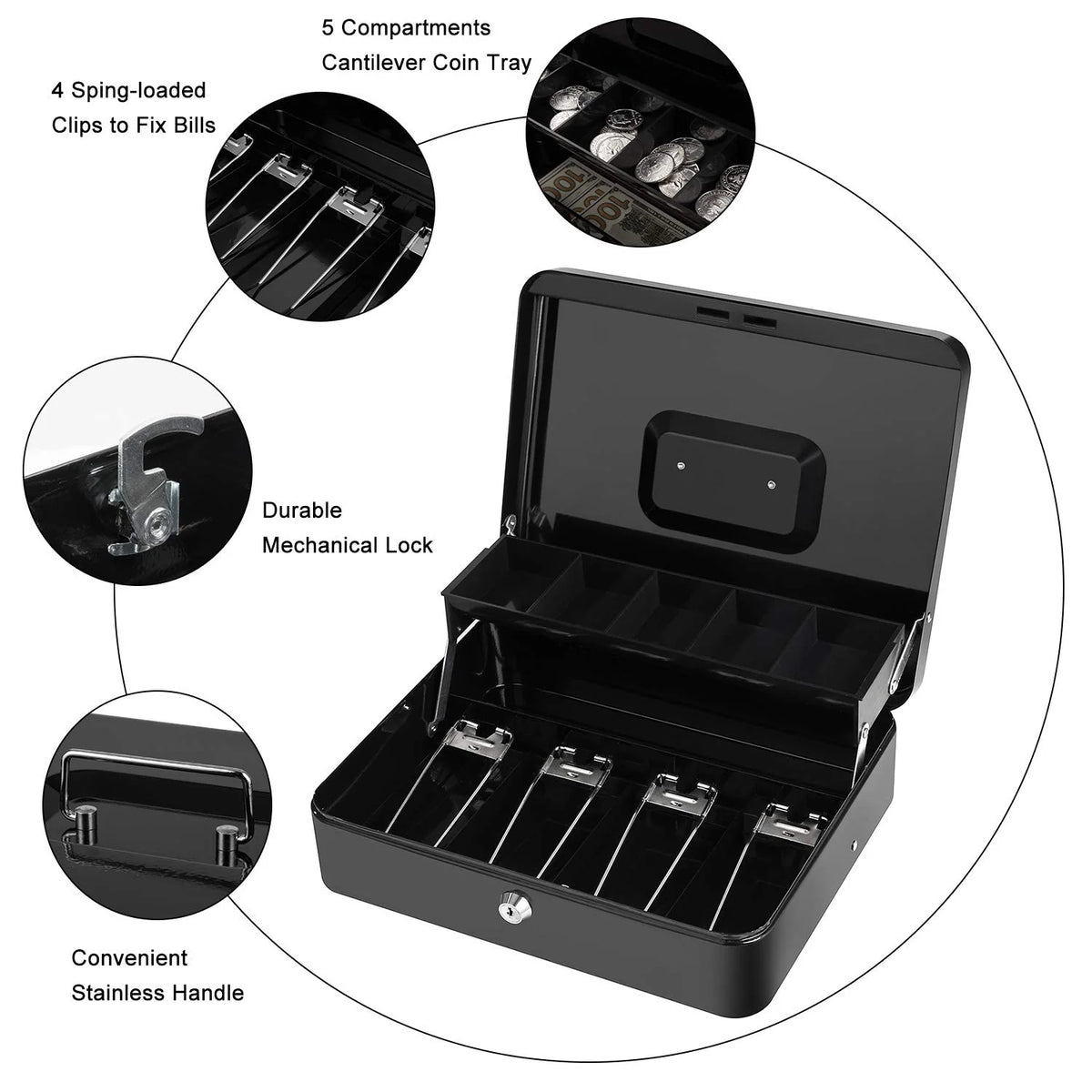 Metal Cash Box with Key Lock, 4 Bill / 5 Coin Slots, Matte Black P653