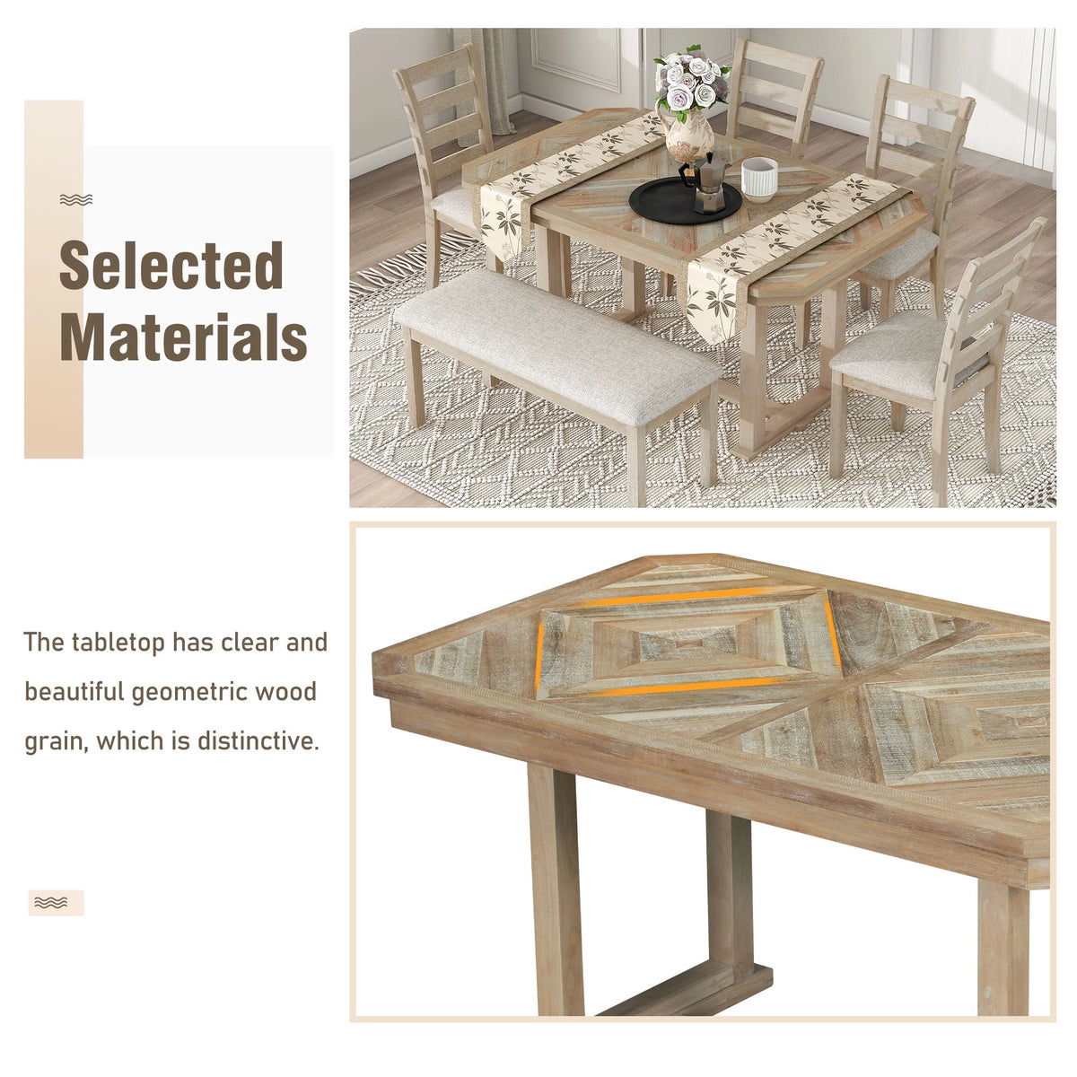 6-Piece Rubber Wood Dining Table Set with 4 Cushion Chairs and Bench H4526