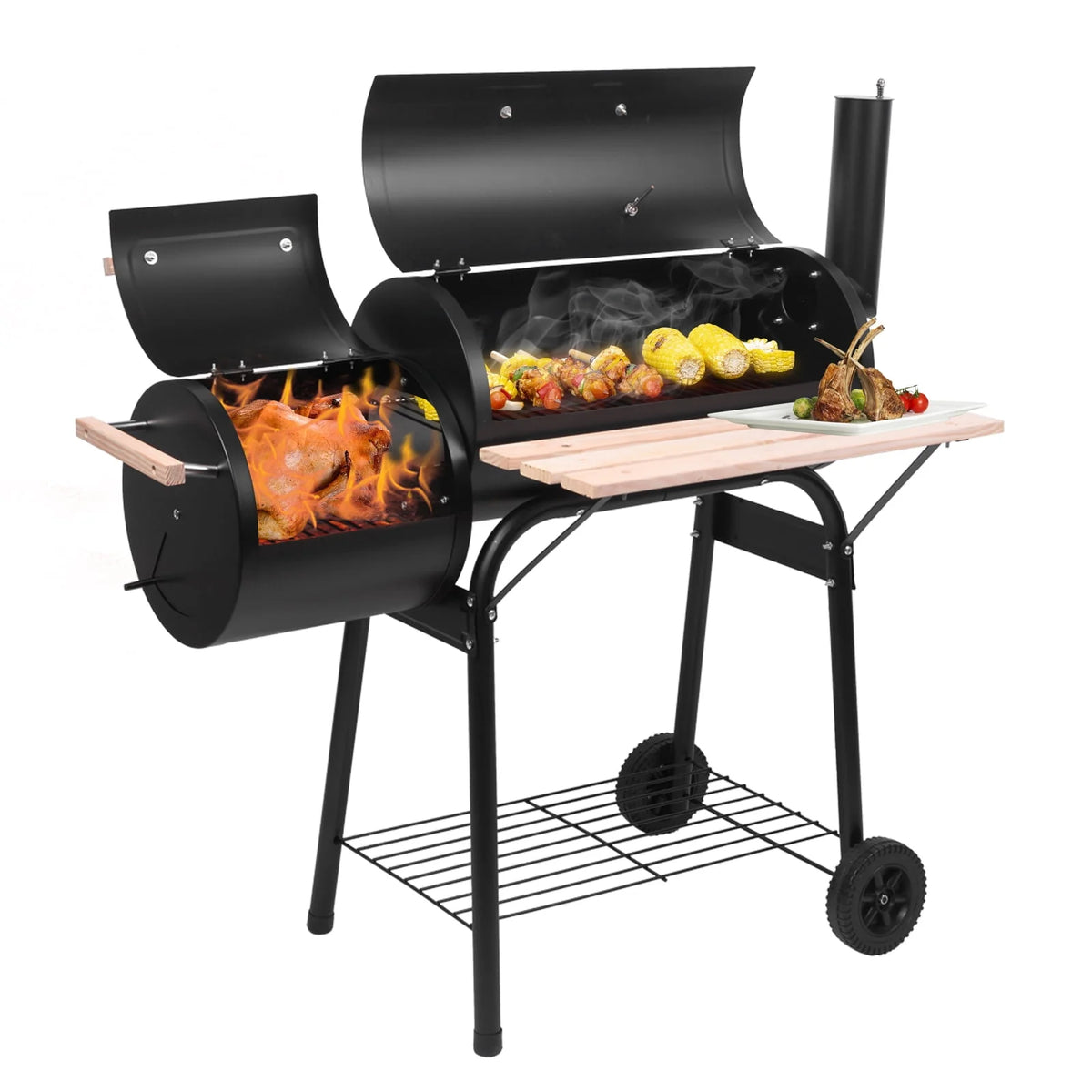 Charcoal Grill Portable BBQ Grill and Offset Smoker Steel BBQ Pit Black A4788