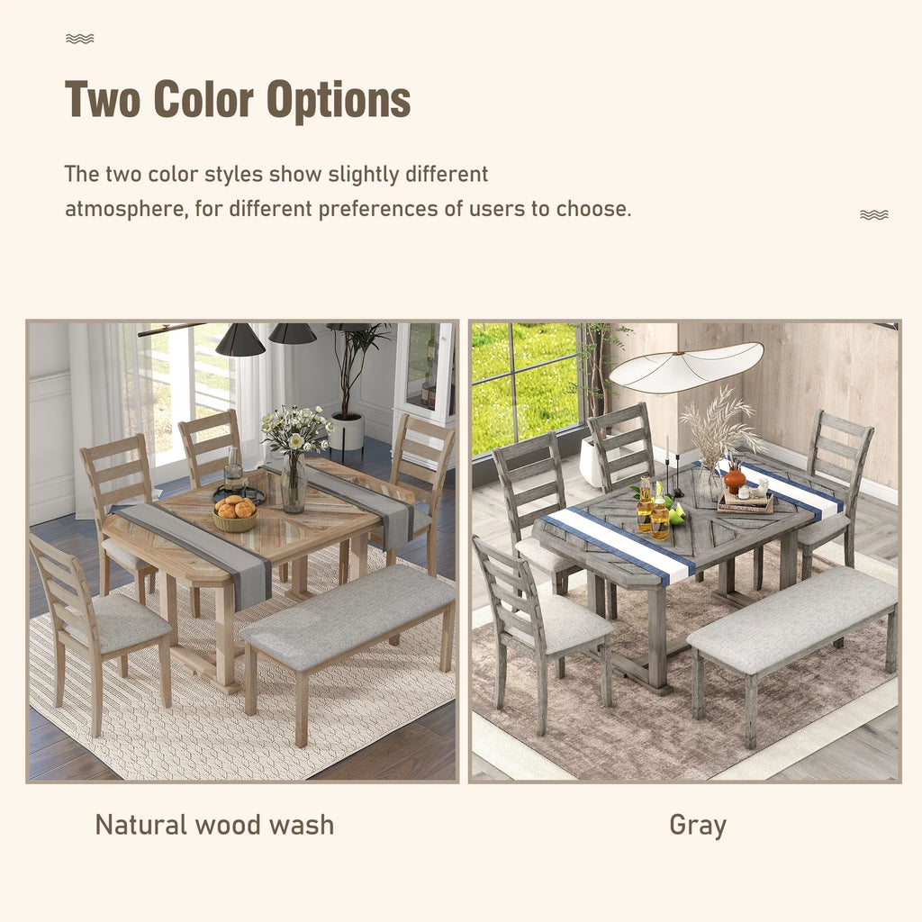 6-Piece Rubber Wood Dining Table Set with 4 Cushion Chairs and Bench H4526
