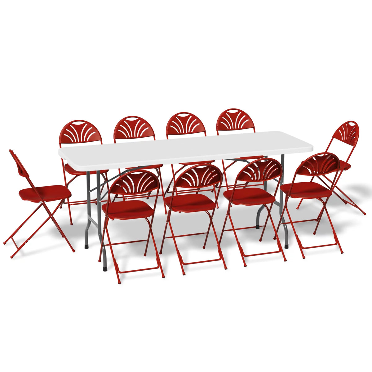 11 Pieces 6 Ft White Foldable Plastic Card Table and 10 Red Chair Set C755
