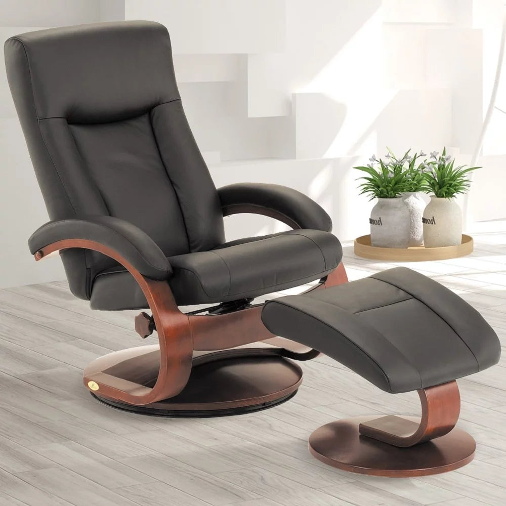 Black Top Grain Leather Recliner and Ottoman I854