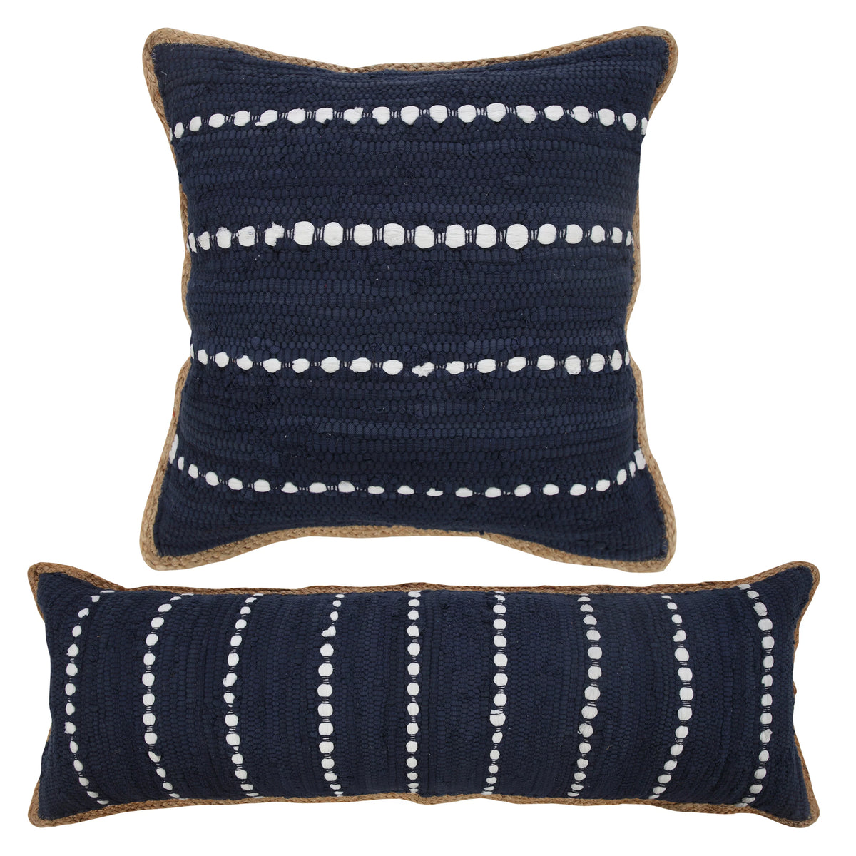 Navy Blue White Striped Jute Lumbar Throw Pillow Y74611