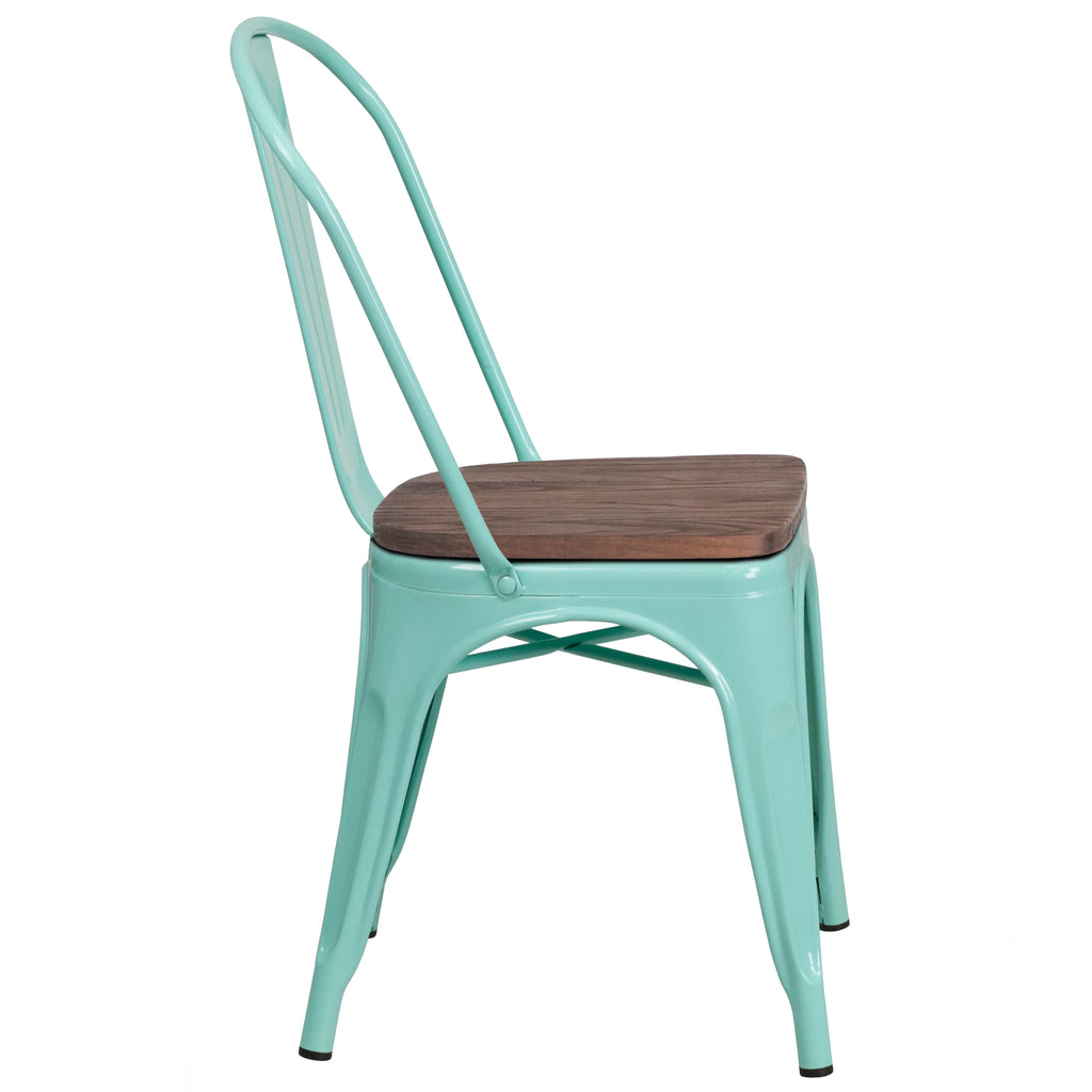 Mint Green Metal Stackable Chair with Wood Seat V504