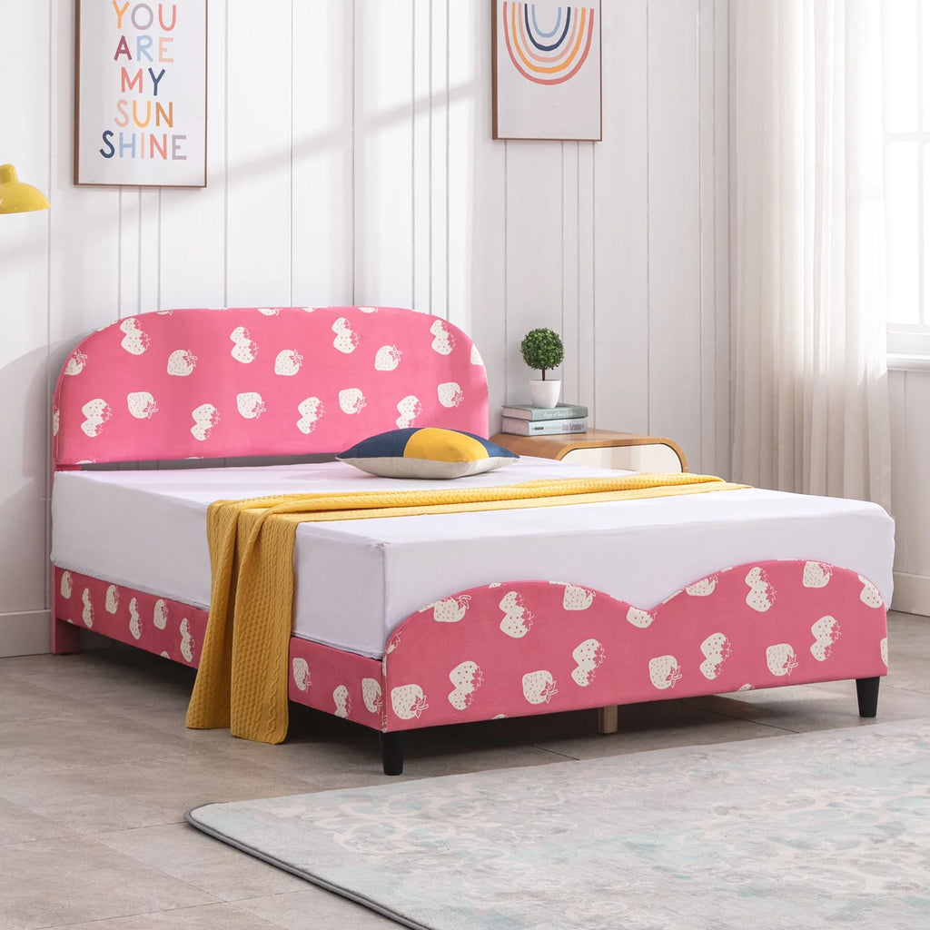 Pink Kids Twin Bed Frame with Upholstered Headboard and Footboard D483559