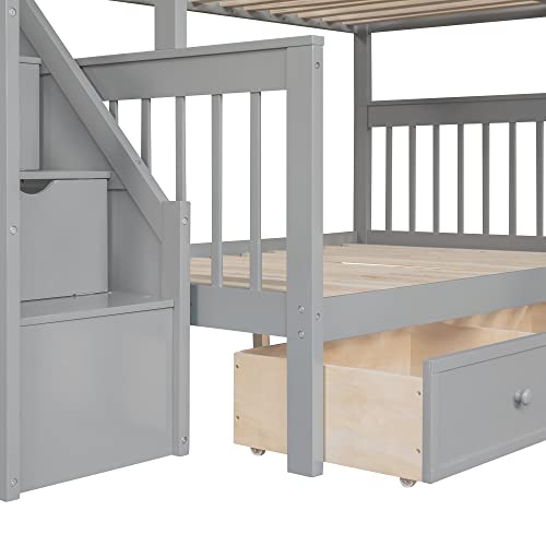Gray Wooden Triple Bunk Bed with Storage Drawers U8664