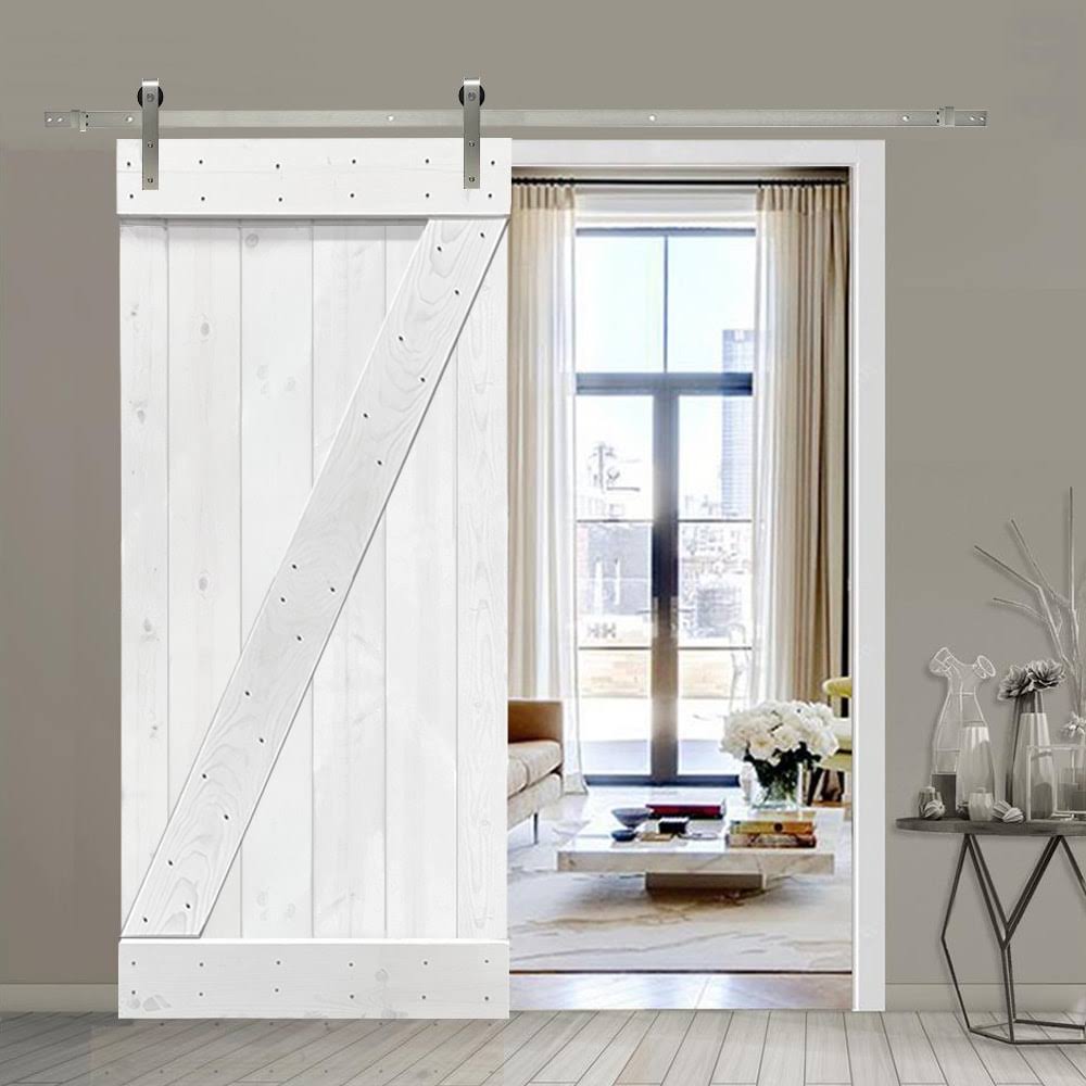 White Stained Wood Interior Sliding Barn Door with Hardware Kit I5014