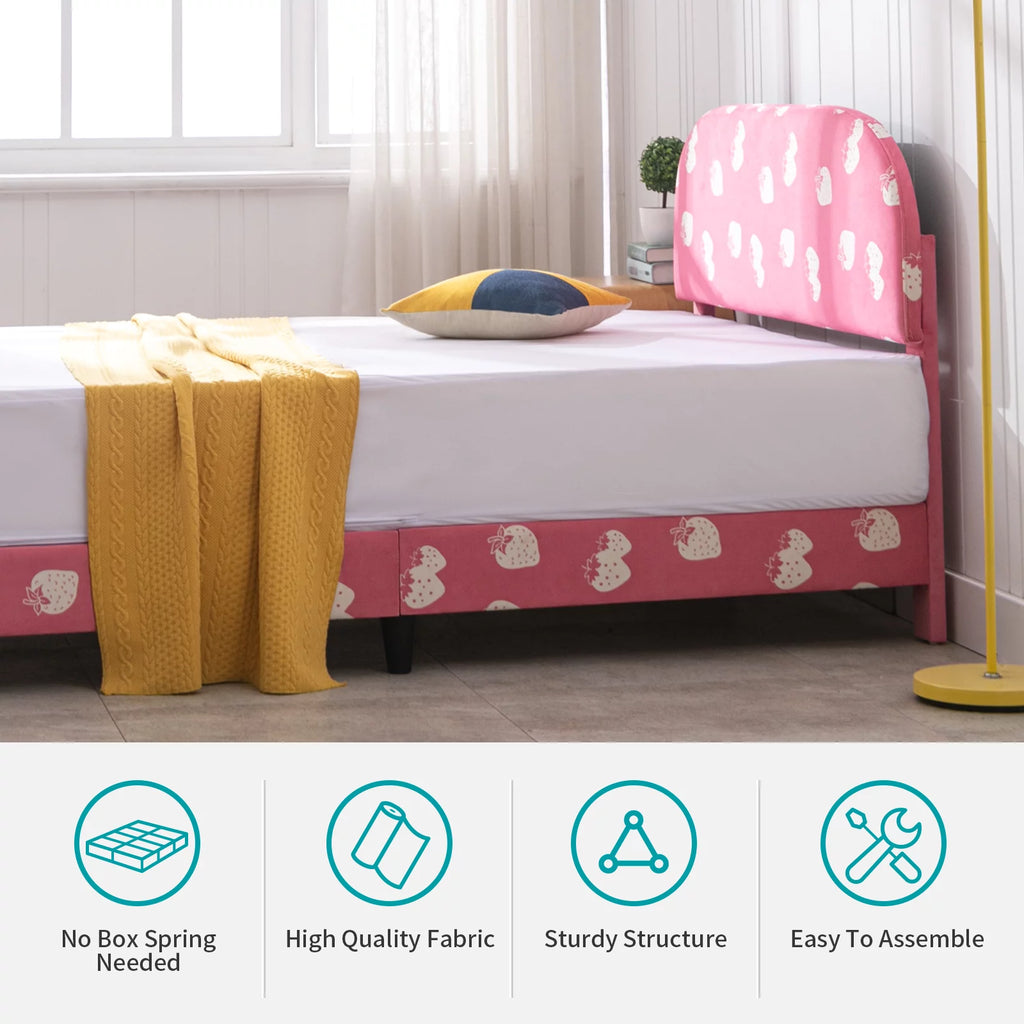 Pink Kids Twin Bed Frame with Upholstered Headboard and Footboard D483559