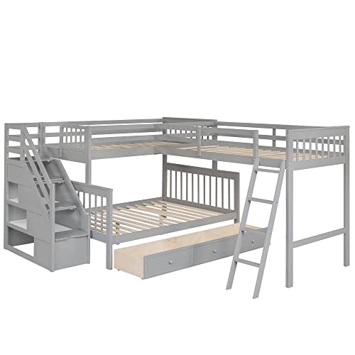 Gray Wooden Triple Bunk Bed with Storage Drawers U8664