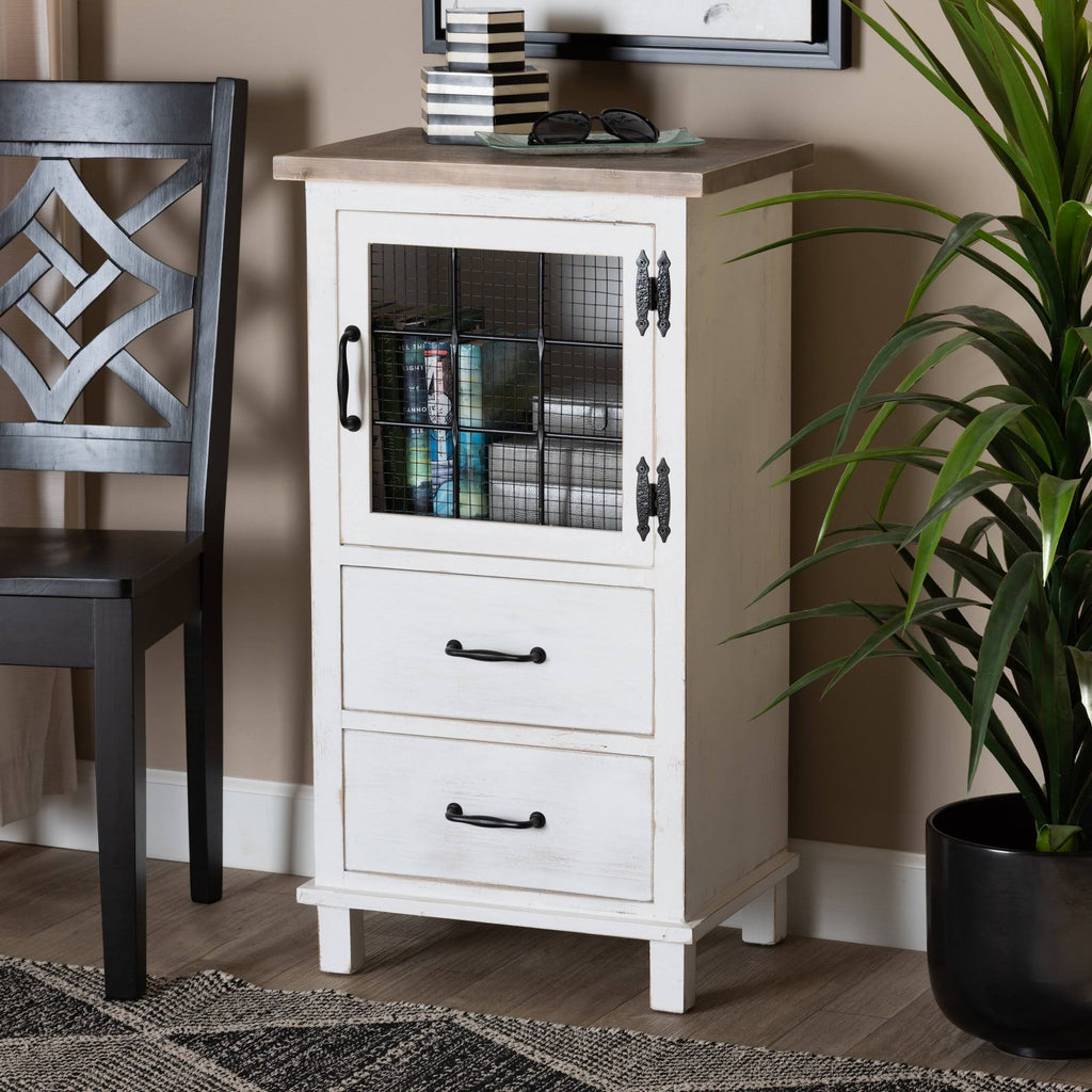 Two-Tone Distressed White and Oak Brown Wood 2-Drawer Storage Cabinet C225