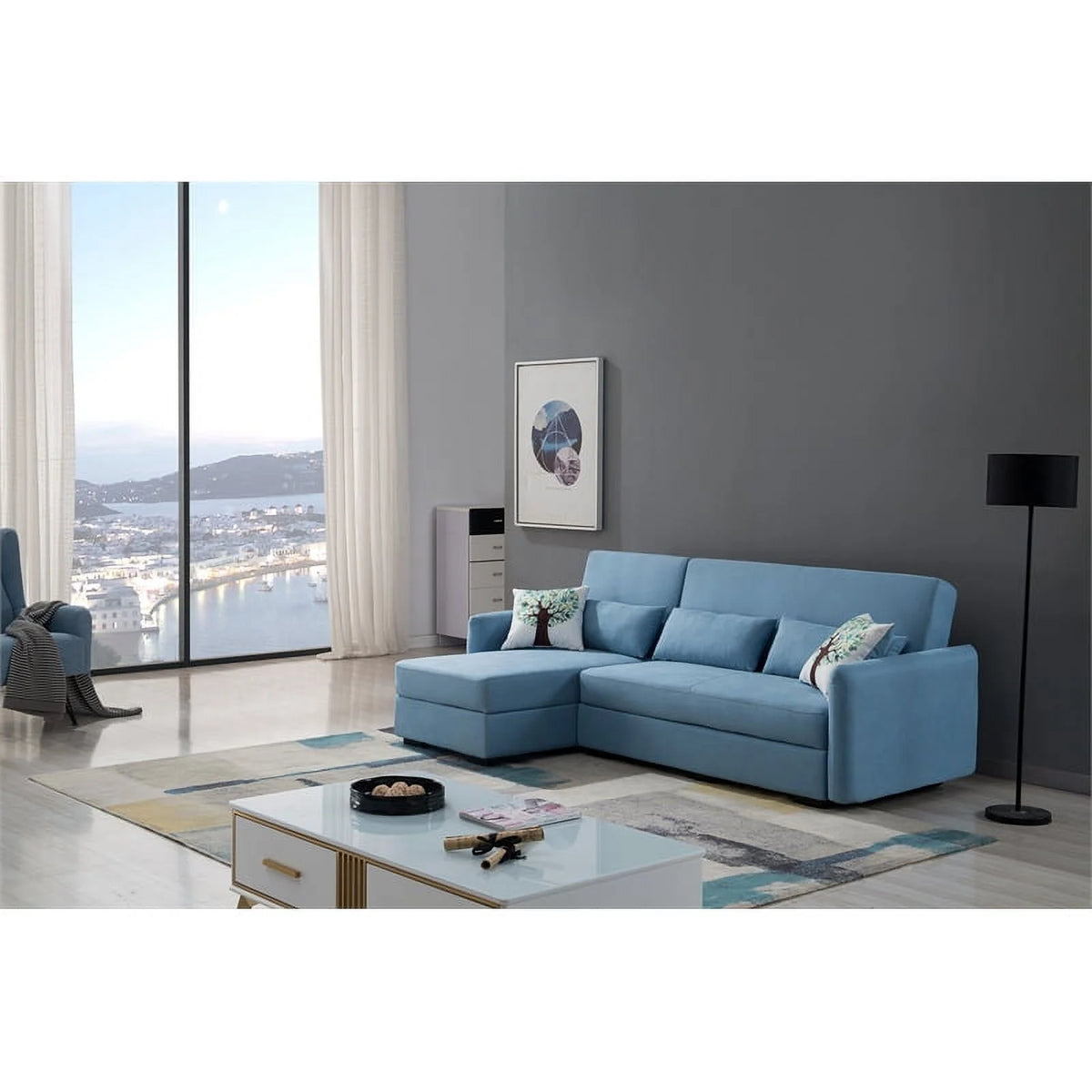 Light Blue Velvet Left Facing Chaise Sectional D1059