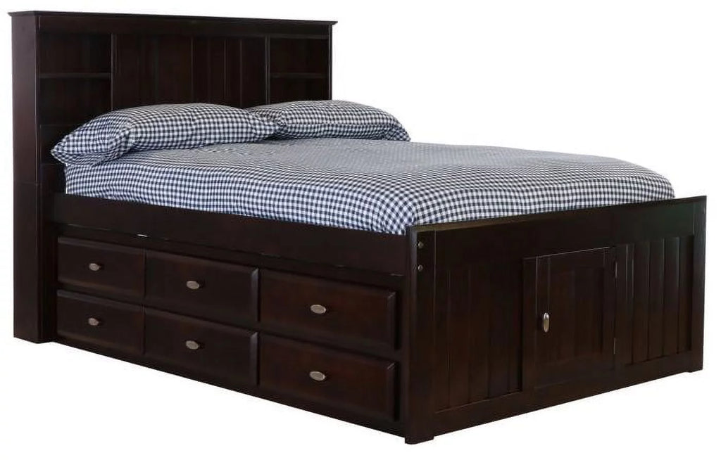 Full Size Bed Frame with Headboard Bookcase & 12 Drawers, Espresso A145739