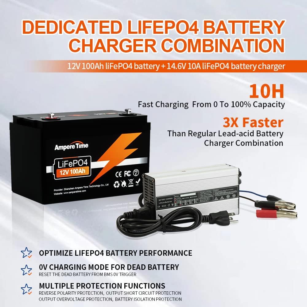 12V 100Ah LiFePO4 Battery with 14.6V 20A Lithium Battery Charger, 100A BMS W499290