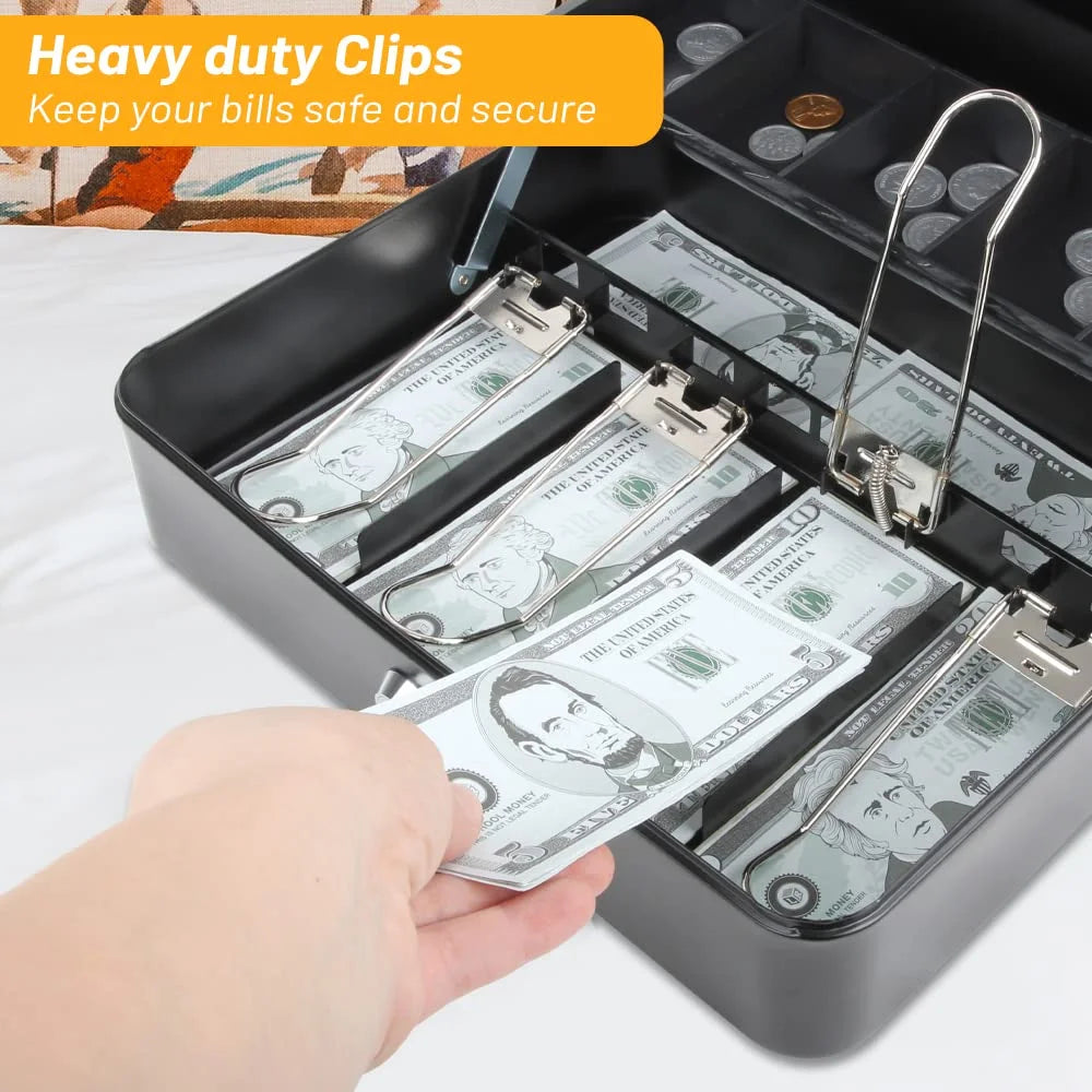 Metal Cash Box with Key Lock, 4 Bill / 5 Coin Slots, Matte Black P653