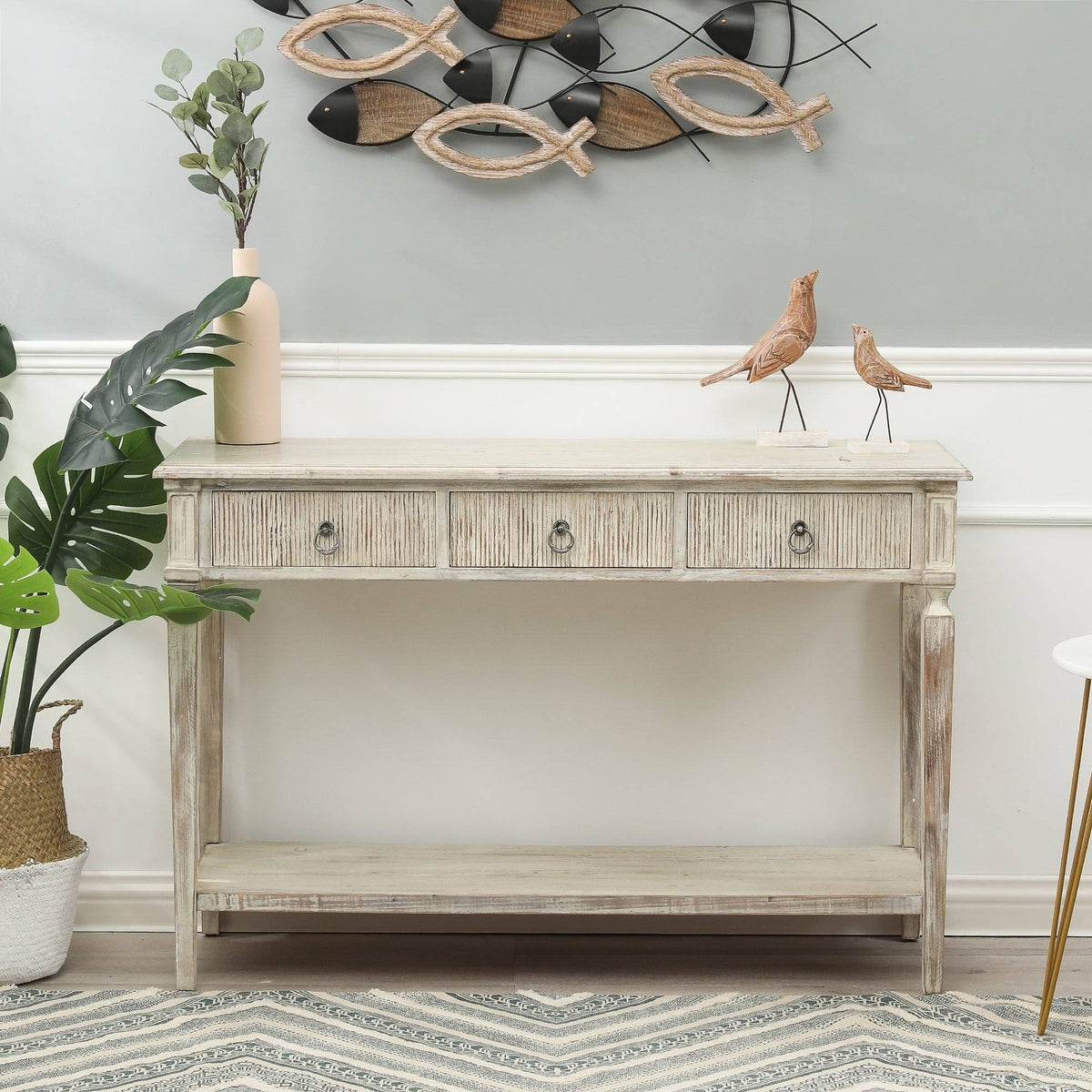 White Washed Wood Three Drawer Console Table B385490