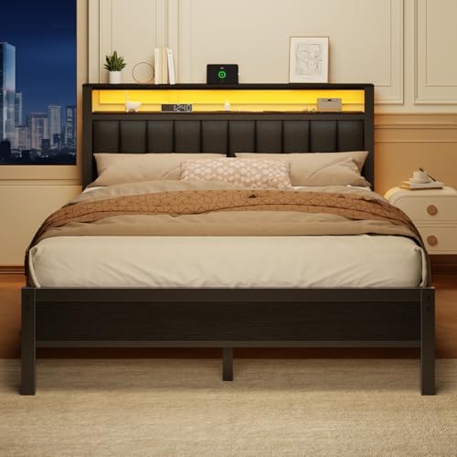 Full Size Bed Frame with Charging Station and LED Lights Z654