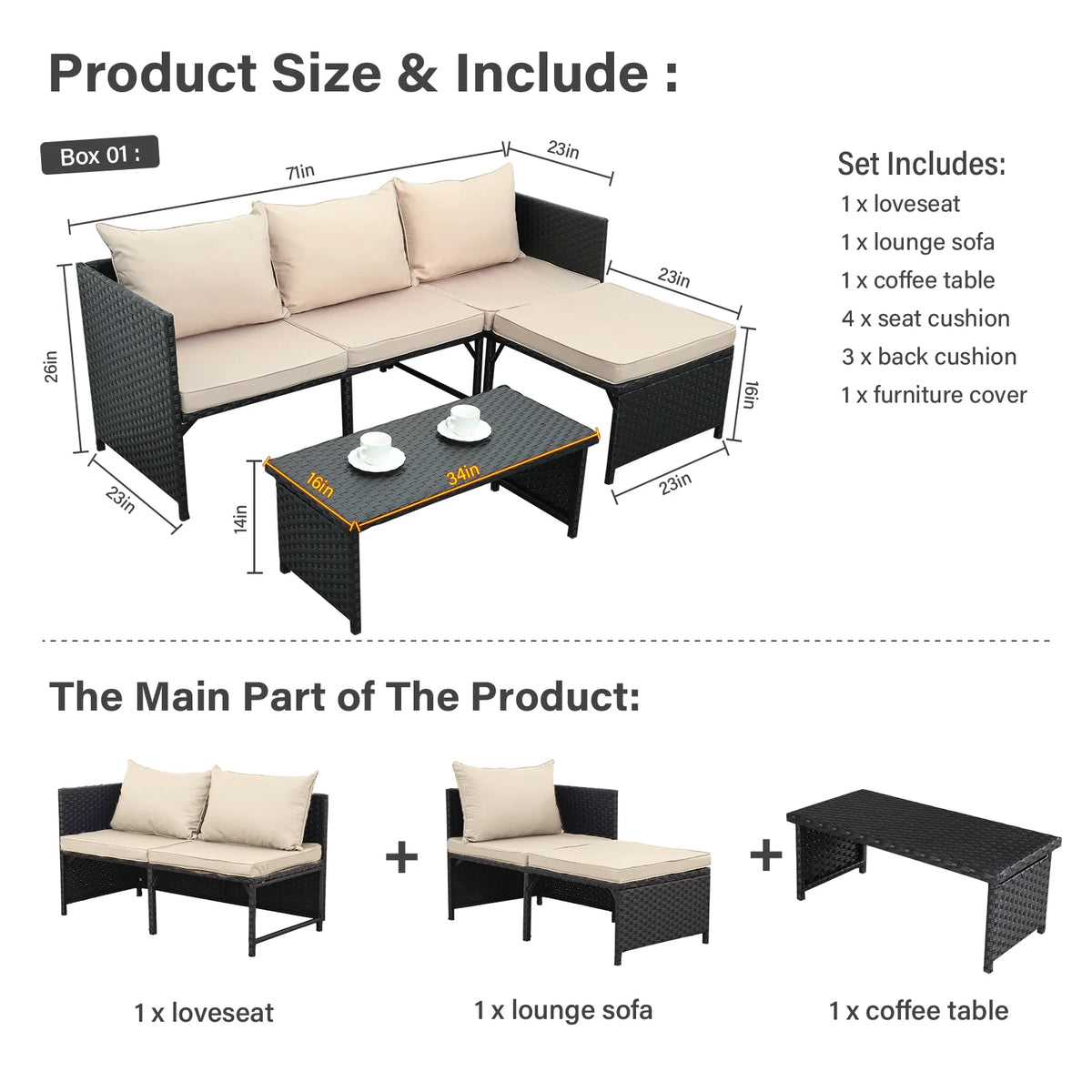3 Pieces Patio Conversation Set with Coffee Table U22533