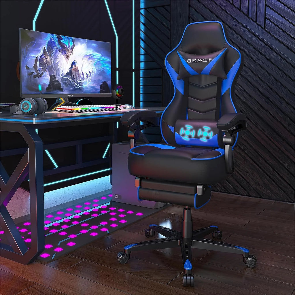 Blue PU Leather Reclining Gaming Chair with Footrest and Massage Lumbar Pillow M7495
