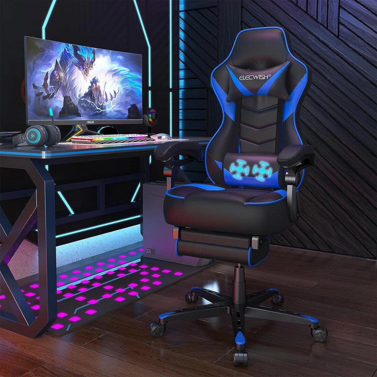 Blue PU Leather Reclining Gaming Chair with Footrest and Massage Lumbar Pillow M7495
