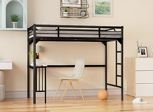 Black Metal Loft Bed Twin Size with Desk and Ladder K1381