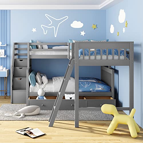 Gray Wooden Triple Bunk Bed with Storage Drawers U8664