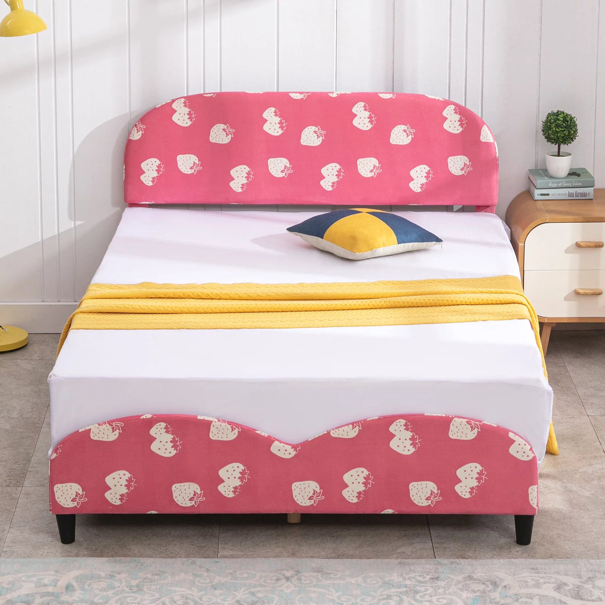 Pink Kids Twin Bed Frame with Upholstered Headboard and Footboard D483559