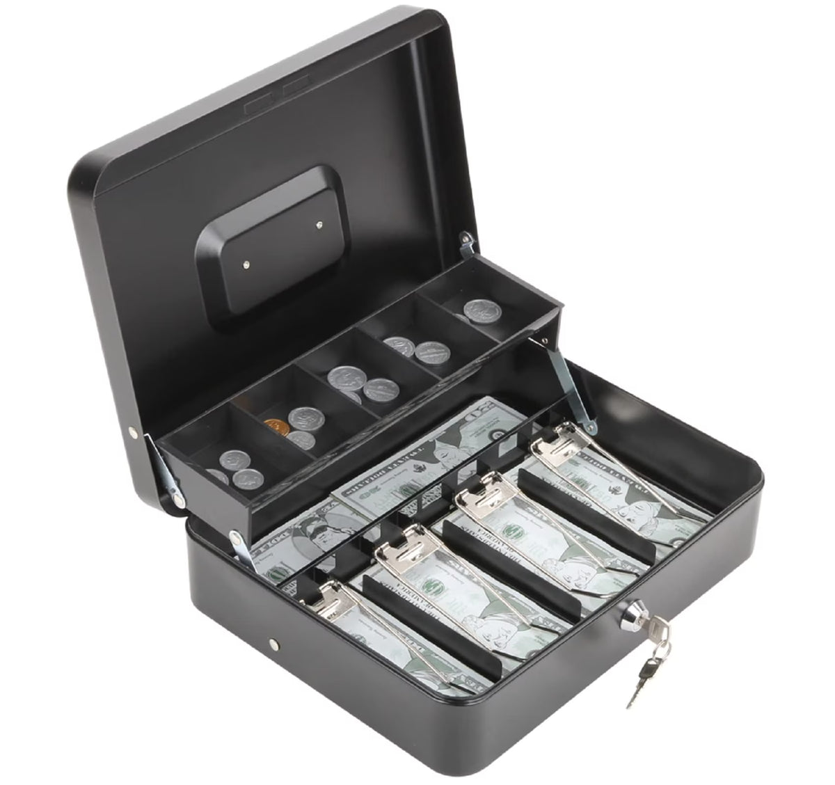 Metal Cash Box with Key Lock, 4 Bill / 5 Coin Slots, Matte Black P653