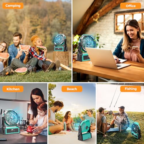 Portable Camping Fan, 20000mAh Rechargeable Battery Operated Fans with Lights, 4 Speed, Adjustable Brightness (Blue Black) S189