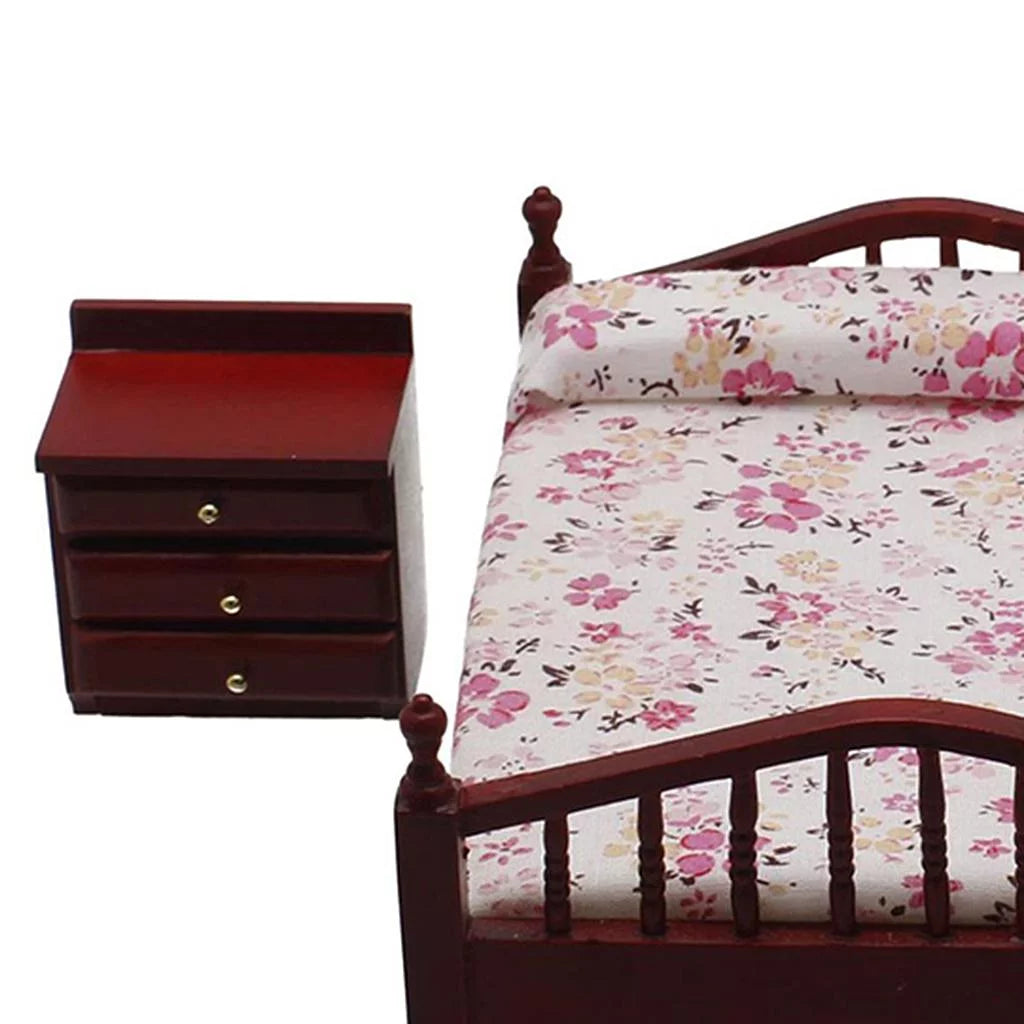 1/12 Scale Miniature Dollhouse Furniture Bed Night Table Brown Set O877036