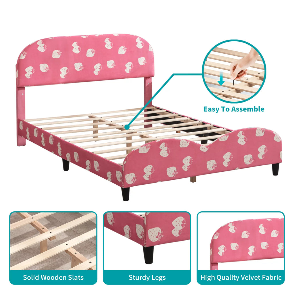 Pink Kids Twin Bed Frame with Upholstered Headboard and Footboard D483559