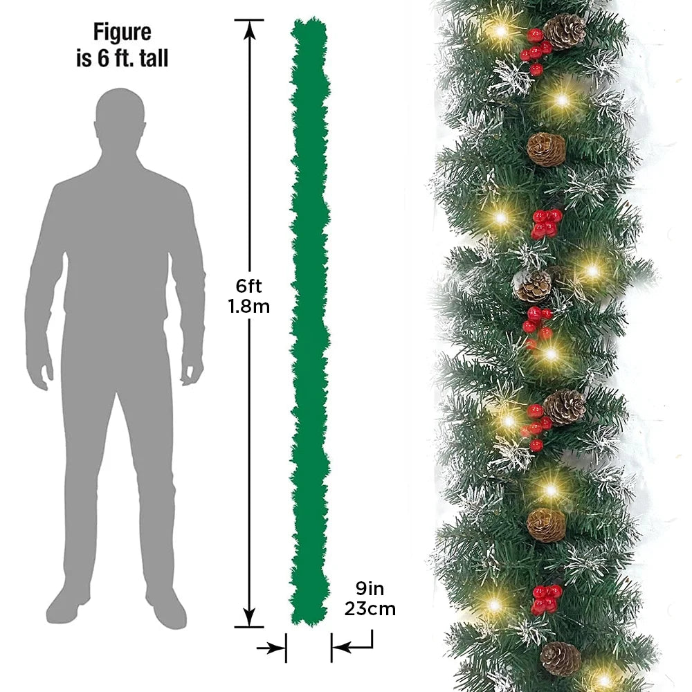 2 Pcs 6ft Pre-Lit Christmas Garland with 40 Waterproof LED Light and Pine Cones and Berries, Battery Operated A51037
