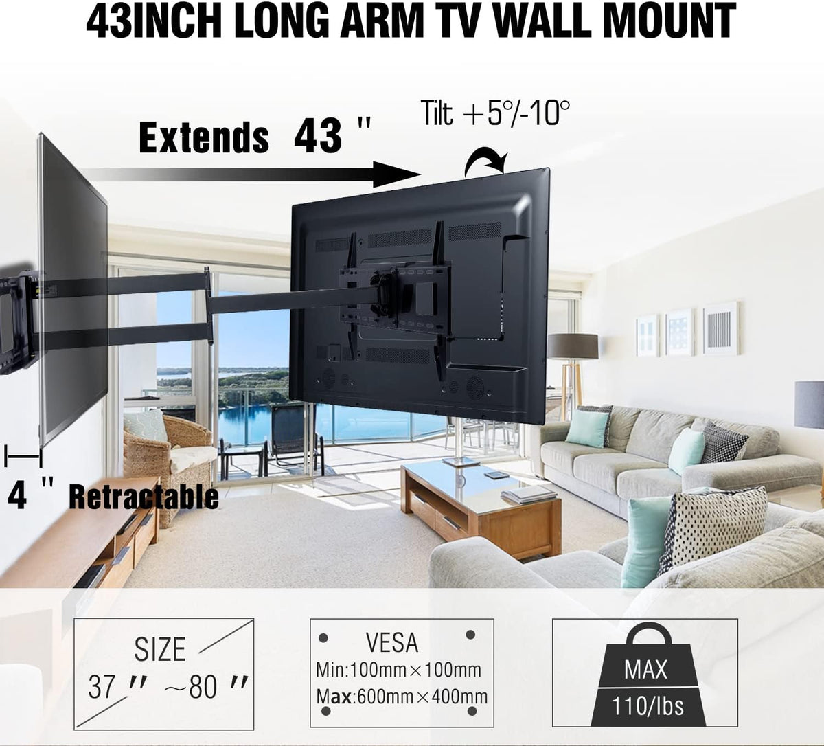 Full Motion TV Wall Mount Bracket, Fits 37-82" TVs, Holds 110lbs C244
